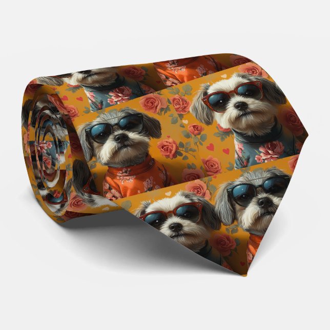 Tibetan Terrier with Heart Roses Valentine's Day Tie (Rolled)