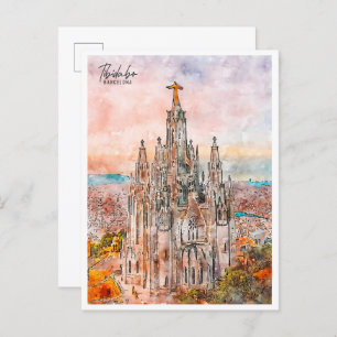 Tibidabo Barcelona vintage travel watercolor Postcard