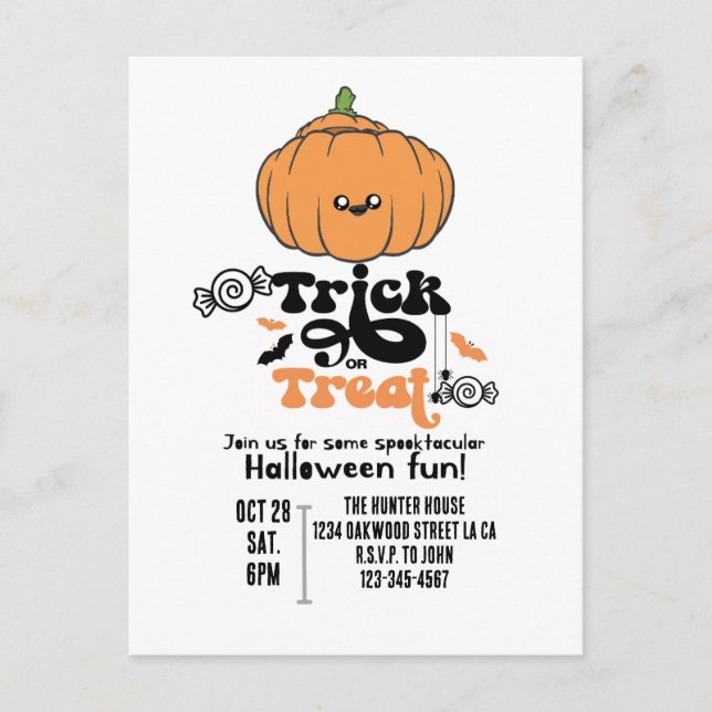 Tick or treat cute pumpkin custom invitations (Front)