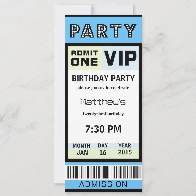 Ticket 21st Birthday Party Invitations Blue (Front)