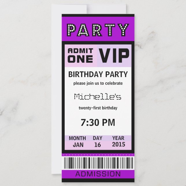 Ticket 21st Birthday Party Invitations Purple (Front)
