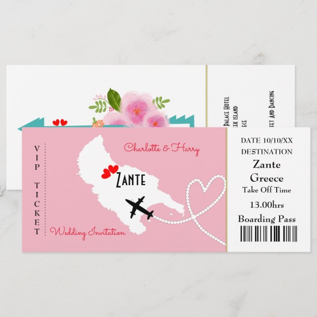 Ticket Boarding Pass Floral Wedding Abroad Zante Invitation (Front/Back)