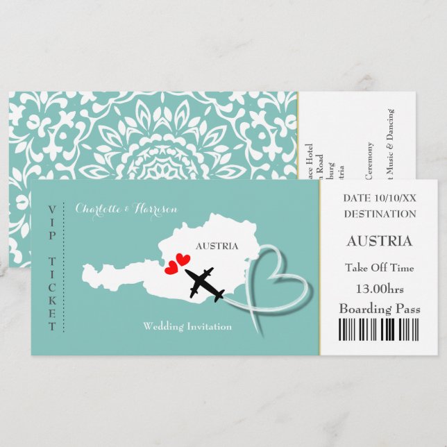Ticket Boarding Pass Wedding Destination Austria Invitation (Front/Back)