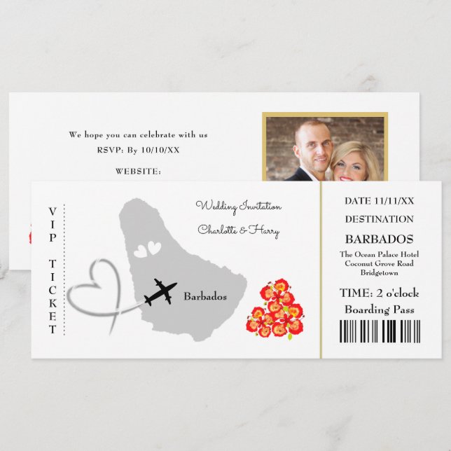 Ticket Boarding Pass Wedding Destination Barbados Invitation (Front/Back)