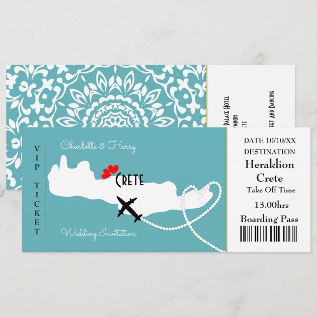 Ticket Boarding Pass Wedding Destination Crete Invitation (Front/Back)