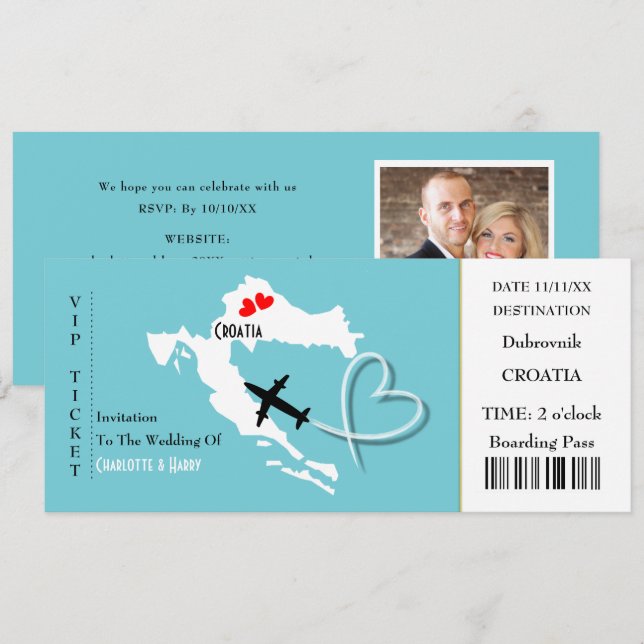 Ticket Boarding Pass Wedding Destination Croatia Invitation (Front/Back)