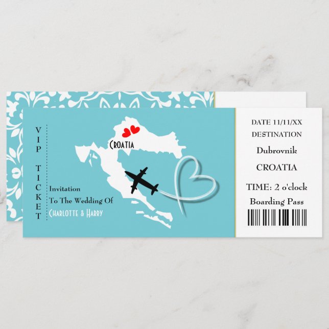 Ticket Boarding Pass Wedding Destination Croatia Invitation (Front/Back)