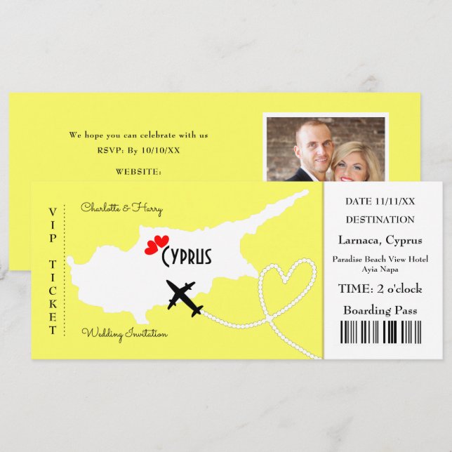 Ticket Boarding Pass Wedding Destination Cyprus Invitation (Front/Back)