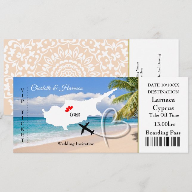 Ticket Boarding Pass Wedding Destination Cyprus Invitation (Front/Back)