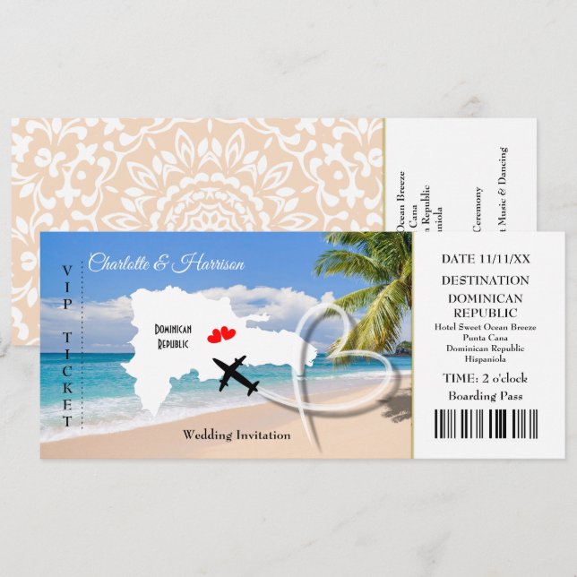 Ticket Boarding Pass Wedding Destination Dominican Invitation (Front/Back)