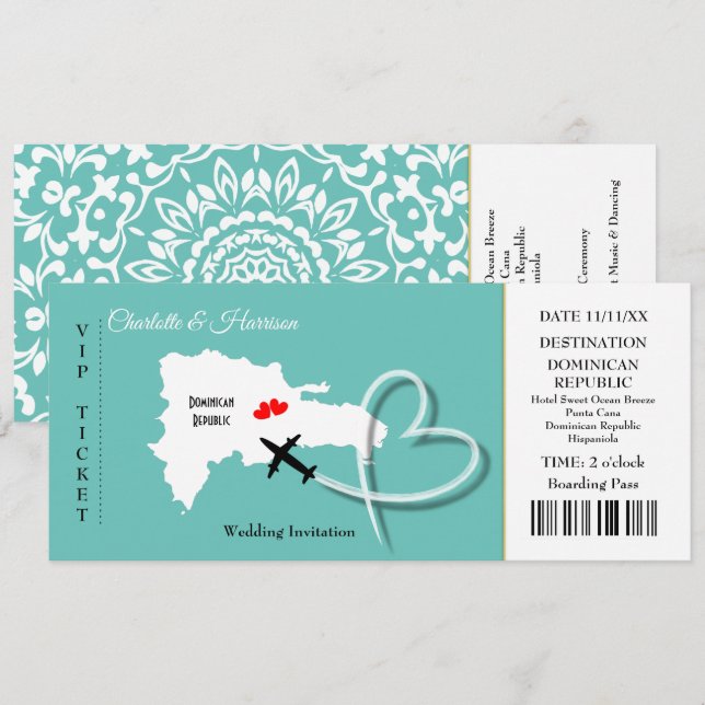 Ticket Boarding Pass Wedding Destination Dominican Invitation (Front/Back)