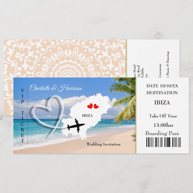 Ticket Boarding Pass Wedding Destination Ibiza Invitation (Front/Back)