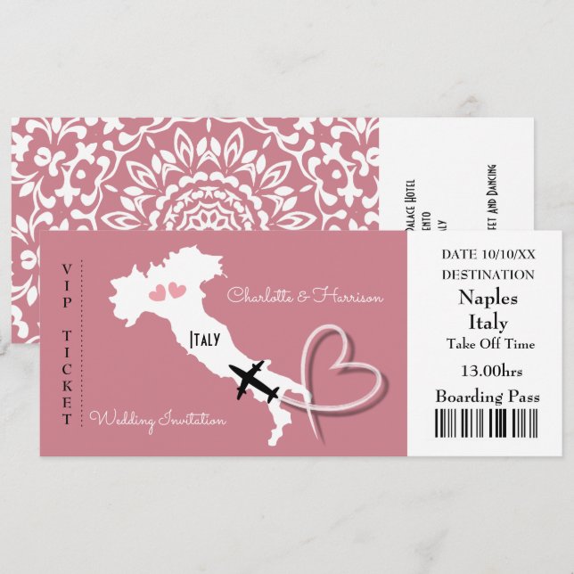 Ticket Boarding Pass Wedding Destination Italy Inv Invitation (Front/Back)