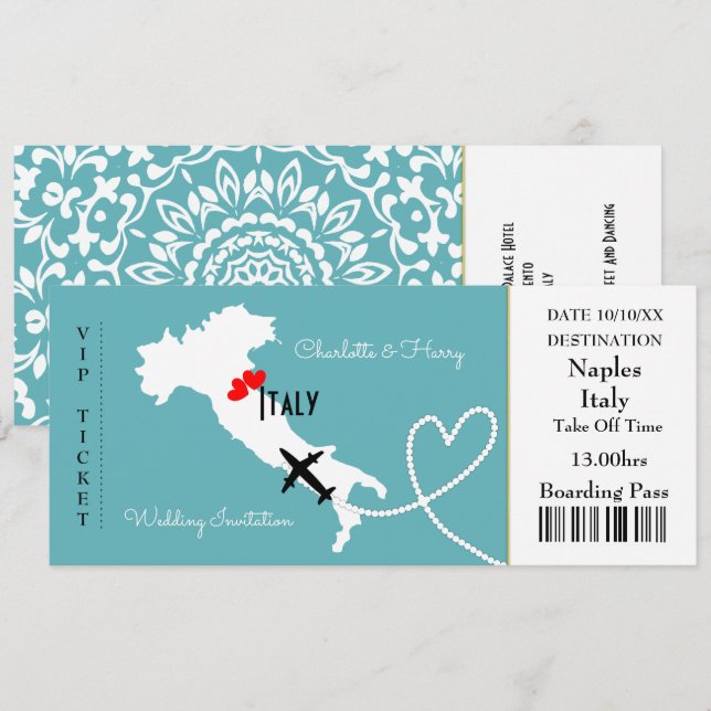 Ticket Boarding Pass Wedding Destination Italy Invitation (Front/Back)