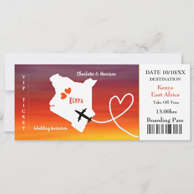 Ticket Boarding Pass Wedding Destination Kenya Invitation (Front)