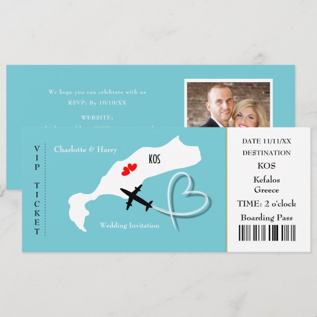 Ticket Boarding Pass Wedding Destination Kos Invitation (Front/Back)