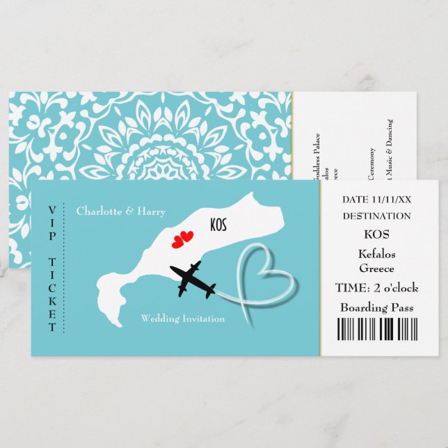 Ticket Boarding Pass Wedding Destination Kos Invitation (Front/Back)