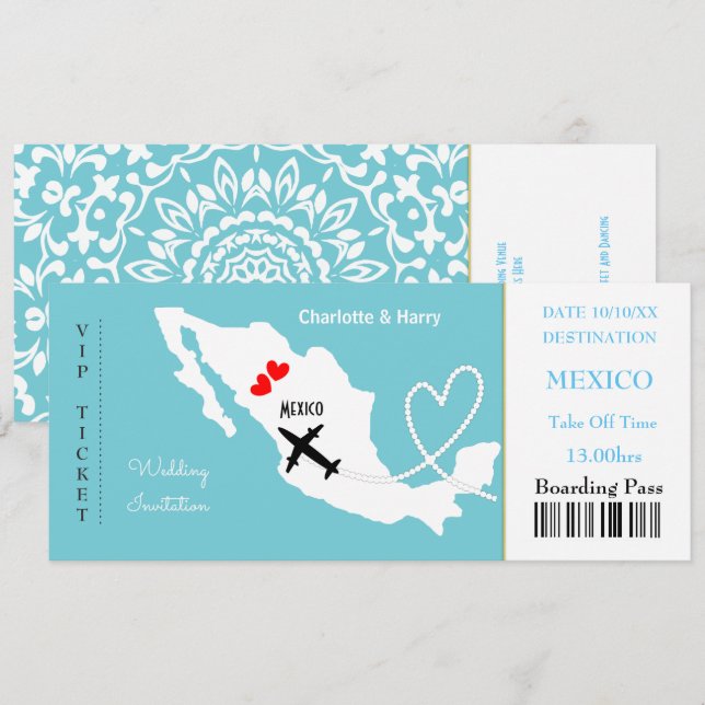 Ticket Boarding Pass Wedding Destination Mexico Invitation (Front/Back)