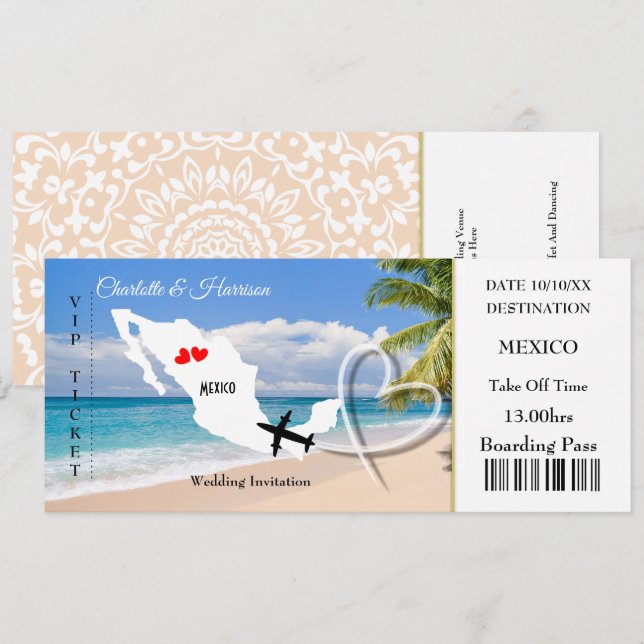 Ticket Boarding Pass Wedding Destination Mexico Invitation (Front/Back)