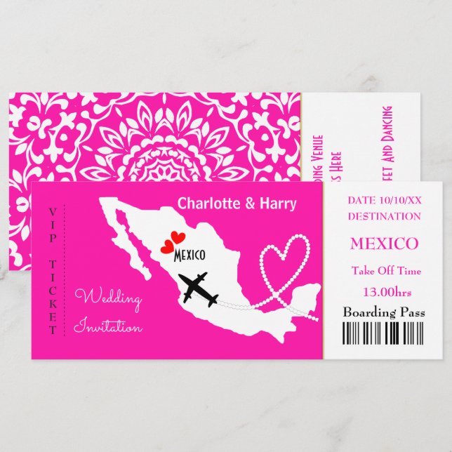 Ticket Boarding Pass Wedding Destination Mexico Invitation (Front/Back)