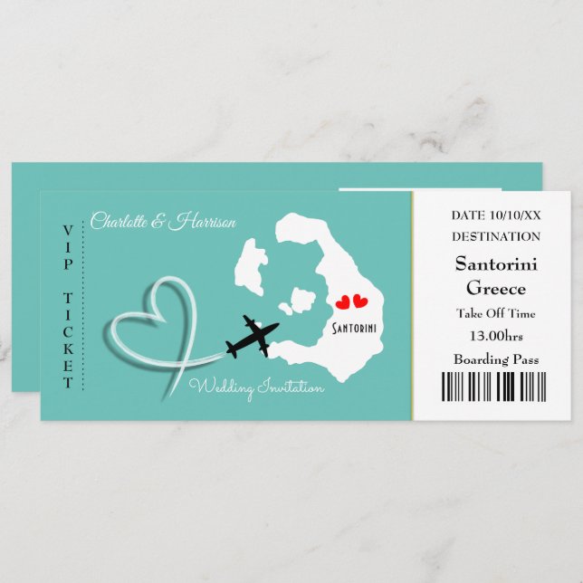 Ticket Boarding Pass Wedding Destination Santorini Invitation (Front/Back)