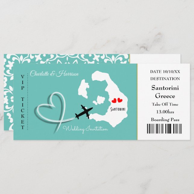 Ticket Boarding Pass Wedding Destination Santorini Invitation (Front/Back)