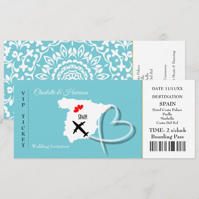 Ticket Boarding Pass Wedding Destination Spain Invitation (Front/Back)