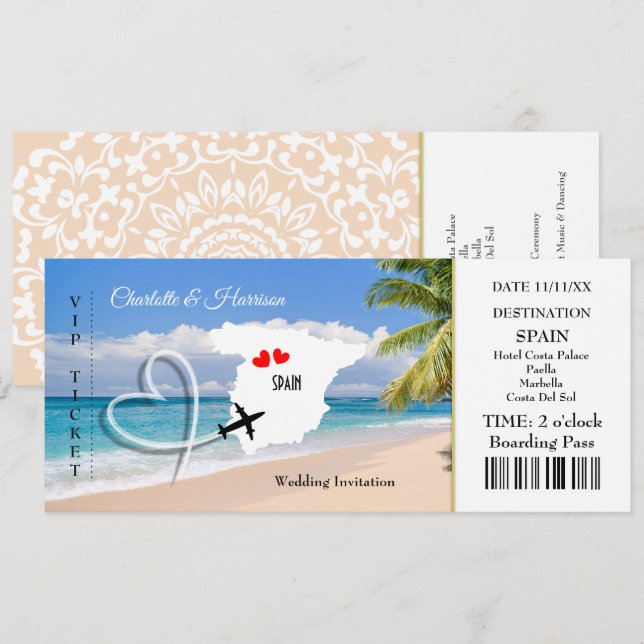 Ticket Boarding Pass Wedding Destination Spain Invitation (Front/Back)