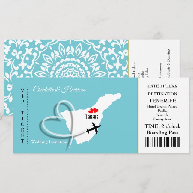 Ticket Boarding Pass Wedding Destination Tenerife Invitation (Front/Back)