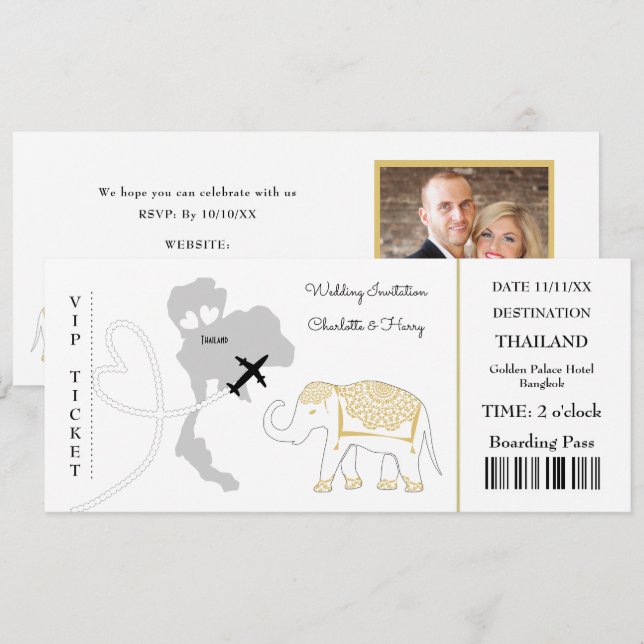 Ticket Boarding Pass Wedding Destination Thailand Invitation (Front/Back)