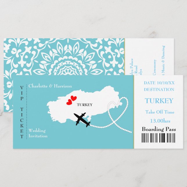 Ticket Boarding Pass Wedding Destination Turkey Invitation (Front/Back)