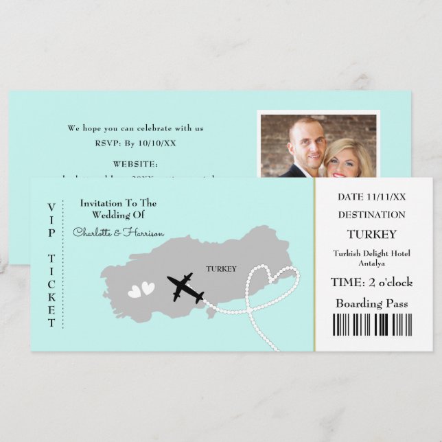 Ticket Boarding Pass Wedding Destination Turkey Invitation (Front/Back)