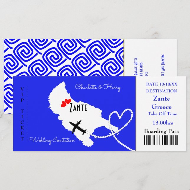 Ticket Boarding Pass Wedding Destination Zante Invitation (Front/Back)