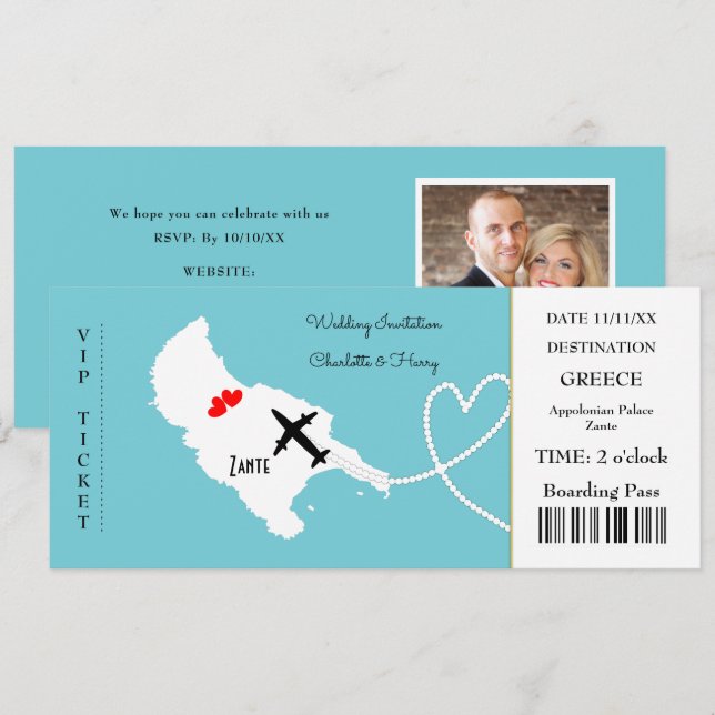 Ticket Boarding Pass Wedding Destination Zante Invitation (Front/Back)