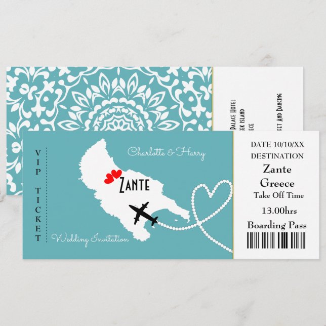 Ticket Boarding Pass Wedding Destination Zante Invitation (Front/Back)