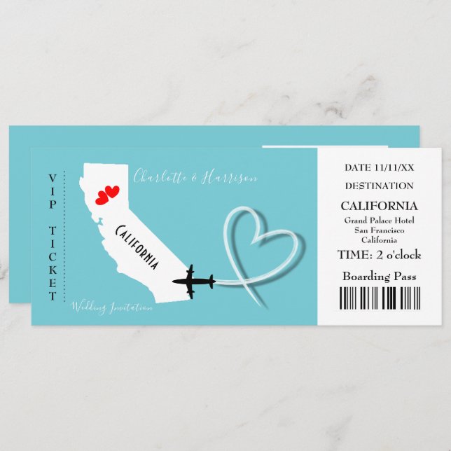 Ticket BoardingPass Wedding Destination California Invitation (Front/Back)