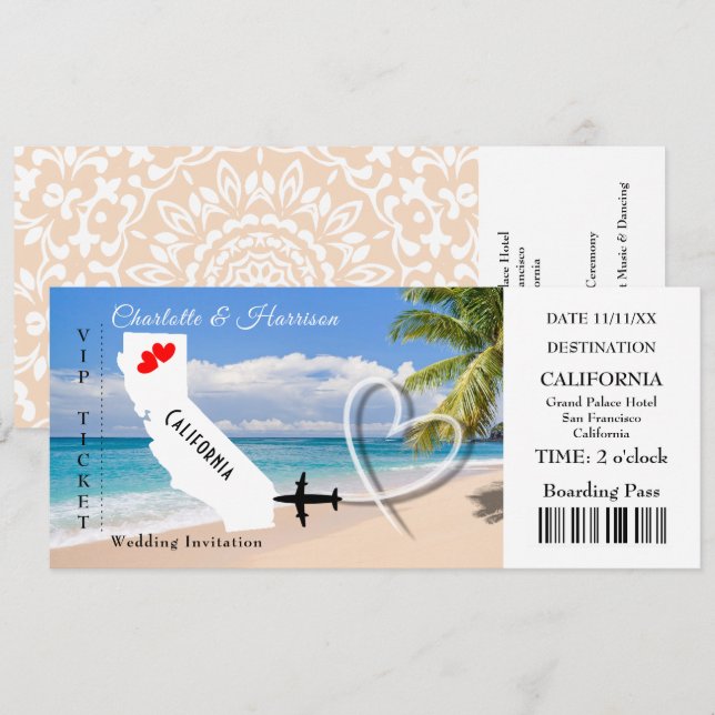 Ticket BoardingPass Wedding Destination California Invitation (Front/Back)