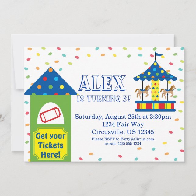 Ticket Booth and Carousel, Carnival Circus Party Invitation (Front)