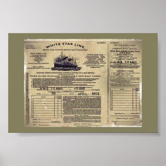 Ticket for RMS Titanic 1912 Poster (Front)