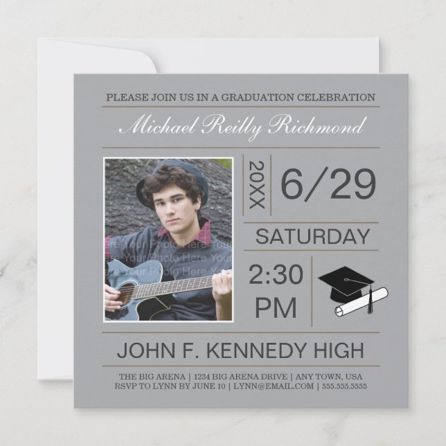Ticket Photo Graduation Invite: Silver Invitation (Front)