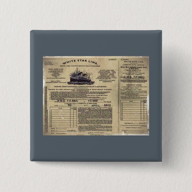 Ticket RMS Titanic 1912 15 Cm Square Badge (Front)