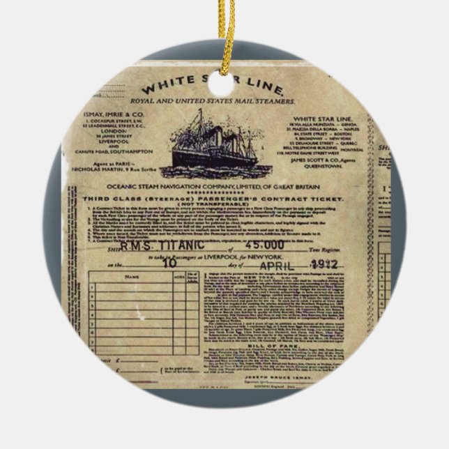 Ticket RMS Titanic Ceramic Tree Decoration (Front)