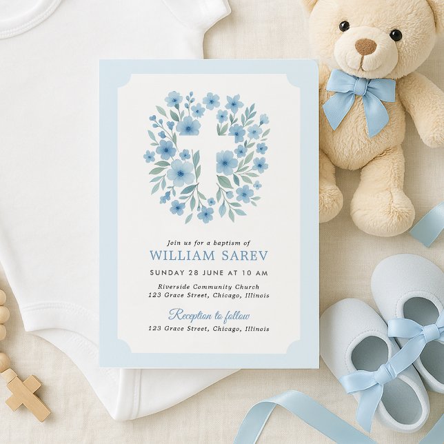 Ticket Style Baptism Invitation in Blue (Soft blue baptism invite with teddy bear and ribbon – perfect for baby boy christening)