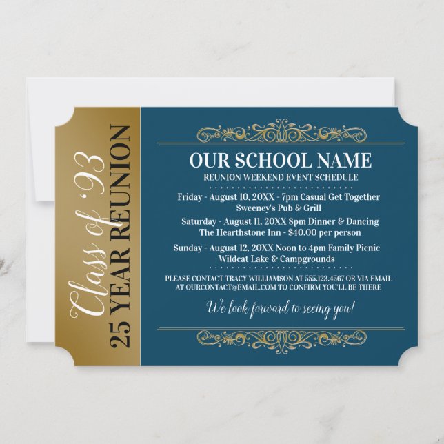 Ticket Style Blue/Gold Class Reunion Invitation (Front)