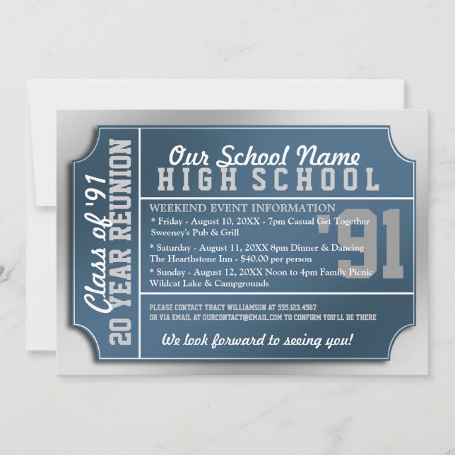 Ticket Style Blue/White Class Reunion Invitation (Front)