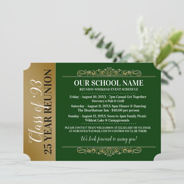 Ticket Style Green/Gold Class Reunion Invitation (Standing Front)