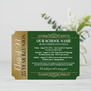 Ticket Style Green/Gold Class Reunion Invitation