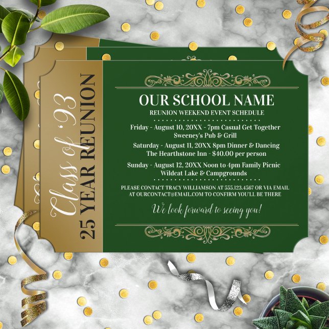 Ticket Style Green/Gold Class Reunion Invitation (Creator Uploaded)