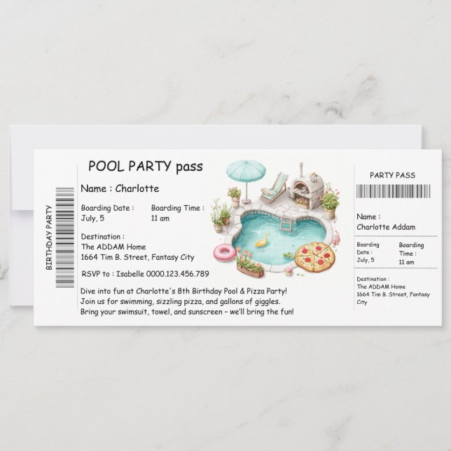 Ticket-Style Pool Party Invitation – Birthday Bash (Front)