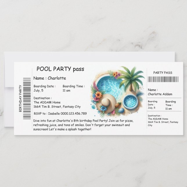 Ticket-Style Pool Party Invitation – Birthday Bash (Front)